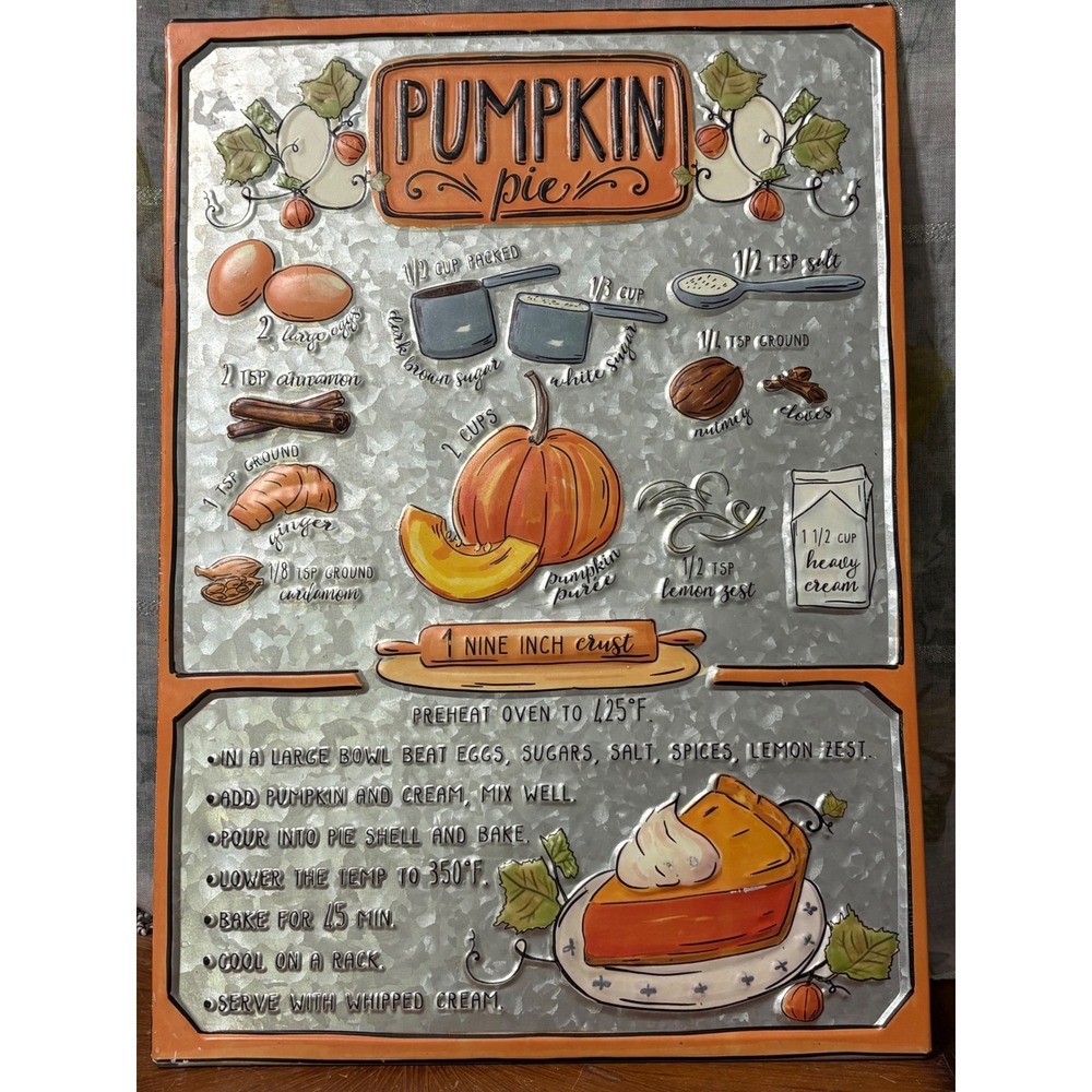Pumpkin Pie Recipe Embossed Metal Wall Sign Rustic Farmhouse Kitchen Fall Decor